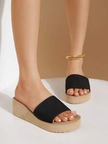 Women's Platform Wedge Slide Sandals, Faux Sole, Black, Beach/Travel Open Toe Slippers, Summer - Black - View 4