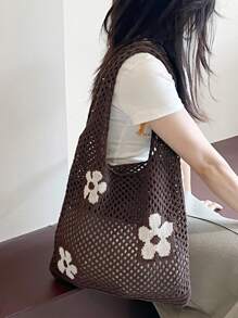 Brown Fashionable Women Knitted Bag, Hollow Floral Pattern Shoulder Bag, Suitable For Casual, Beach, Holiday, Large Capacity Woven Bag, Lightweight Summer Beach Tote, Great Gift For Women