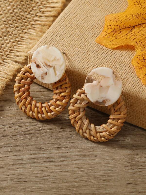 1 Pair Minimalist Handmade Rattan Circular Earrings, Suitable For Women's Daily Wear