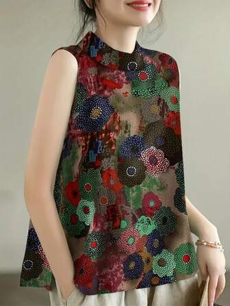 女式夏季花卉印花立领无袖休闲衬衫