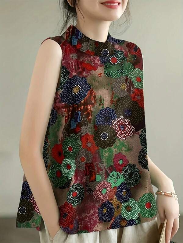 Women's Summer Floral Print Stand Collar Sleeveless Casual Shirt
