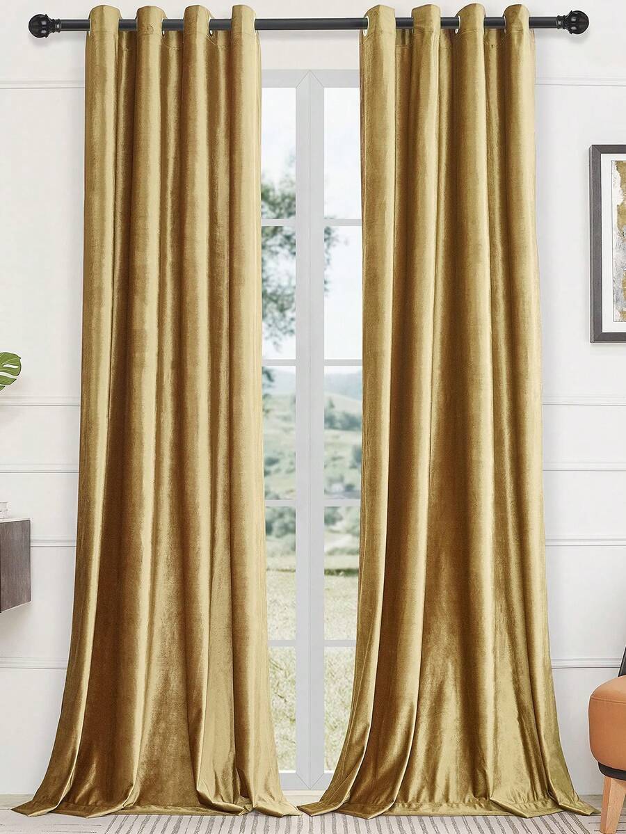 1pc Soft Fabric Solid Color High-End Minimalist Blackout Luxurious Gold Color Holiday Atmosphere Christmas Best-Selling Curtain - Champagne - View 1