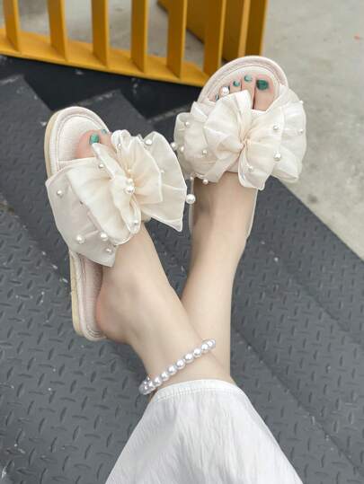 Strap Flat Slippers, Square Toe, Flower Decor, Suitable For Dress Wearing, Faux Pearl And Mesh Accent, Versatile For Summer