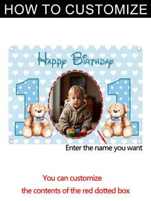 1件可定制生日照片背景布 - 棕熊和蓝色爱心设计，乙烯基摄影横幅，适用于1岁、11岁生日派对装饰、蛋糕砸脸场景和生日派对，完美的青少年礼物，是派对、拍照道具和庆祝活动的理想选择，家居装饰，无需用电，可重复使用，3种尺寸可选！ - 彩色 - 查看 2