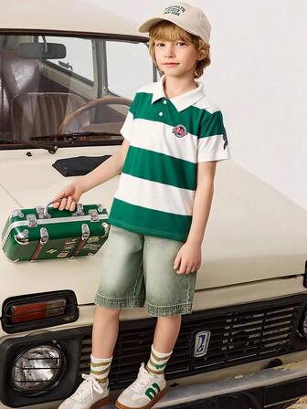 青少年男孩休闲条纹短袖 Polo 衫，夏季