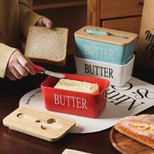 1pc 350ml Ceramic Butter Jar With Lid And Butter Knife, 4 Colors Available - Perfect For Home Cheese Jar, Butter Box, Butter Knife, Cheese Knife, Scraper - Butter Container, Sealed Butter Box, Butter Dish
