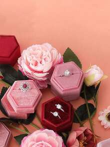 2pcs/1pc Customized Hexagon Velvet Ring Box Wedding Engagement Gift Single/Double Ring Storage Display Holder, Elegant Retro - Multicolor - View 8