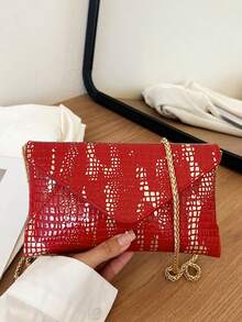 Crocodile Grain Envelope Bag, Korean Style Shoulder Messenger Chain Wallet - Red - View 6