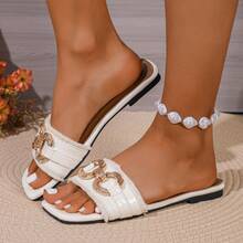 2025 New French Square Toe Slip-On Flat Sandals For Women, Peep Toe Metal Buckle Decor Elegant Slides