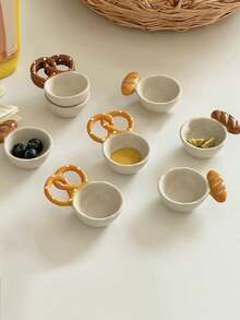 不对称形状陶瓷面包设计香料盘，有趣的手工面包形碗，创意陶瓷碗，法棍咖啡配件，带小勺的面包糖罐，学校用品 - 彩色 - 查看 2