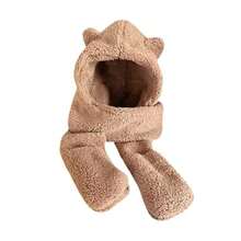 3 Pieces Set: Scarf, Gloves And Hat, Warm Plush Bear Ear Hoodie Scarf Set