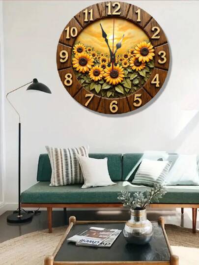2D Flat Retro Sunflower Wooden Wand Klok Silent Quartz Movement, Vibrant Bloemen ,Wood Round Living Room, Kitchen, Dorm (AA Battery Not Included), Room Movement Home view 7
