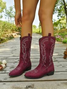 Fall/Winter 2025 Women's Embroidered Chunky Heel Cowgirl Boots, Party & Fashion Western Style Boots,Cowboy Boots - Burgundy - View 5