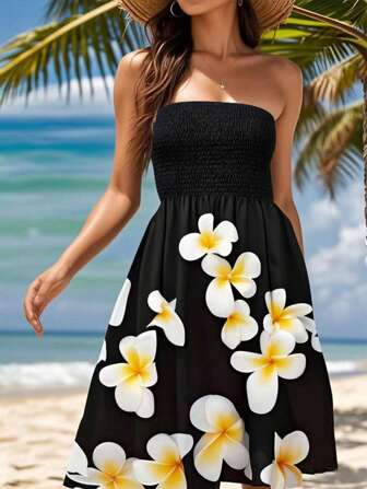 Women Floral Tube Dress Patchwork Strapless Summer Vacation Beach Cover Ups