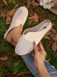 女士蕾丝镂空平底穆勒凉鞋，舒适亚麻休闲露背拖鞋，夏季 - 米色 - 查看 4