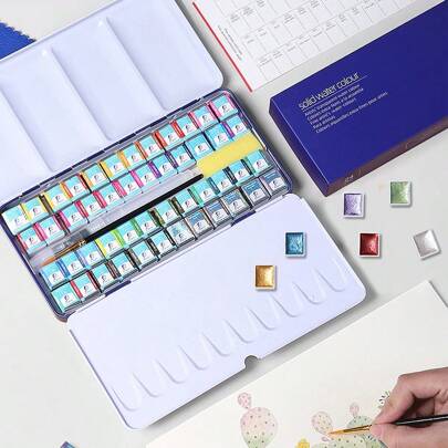 24/36/48 Colors Solid Watercolor Paint Set, Faux Pearl Color System, Gouache Painting Supply, Portable Iron Box, High-Quality Art Supplies For Painting & Sketching
