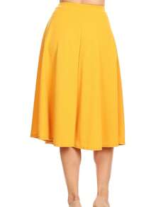 Solid Basic Casual Elastic Waist A-Line Flared Midi Skirt (S-3XL)  Plain  Elegant  Casual  Polyester        Office  Daily - 芥末黃 - 查看 3