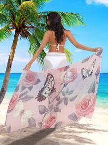 1pc Butterfly & Flower Print Beach Shawl, Decorative Beach Wrap, Swimsuit Cover Up, Semi-Transparent Elegant Multifunctional Beach Dress, Chiffon Material, For Beach Shirt