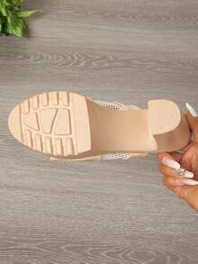 Solid Color, Chunky Heel, Fashionable Sexy High Heels - Solid Color, Sexy, Elegant, Fashionable, Forward, Business, Outdoor, Casual, Luxury Style, PU Leather, Mesh Panel, Suitable For Wedding, Party, Office, Outdoor, Home, All Seasons - Brown - View 6