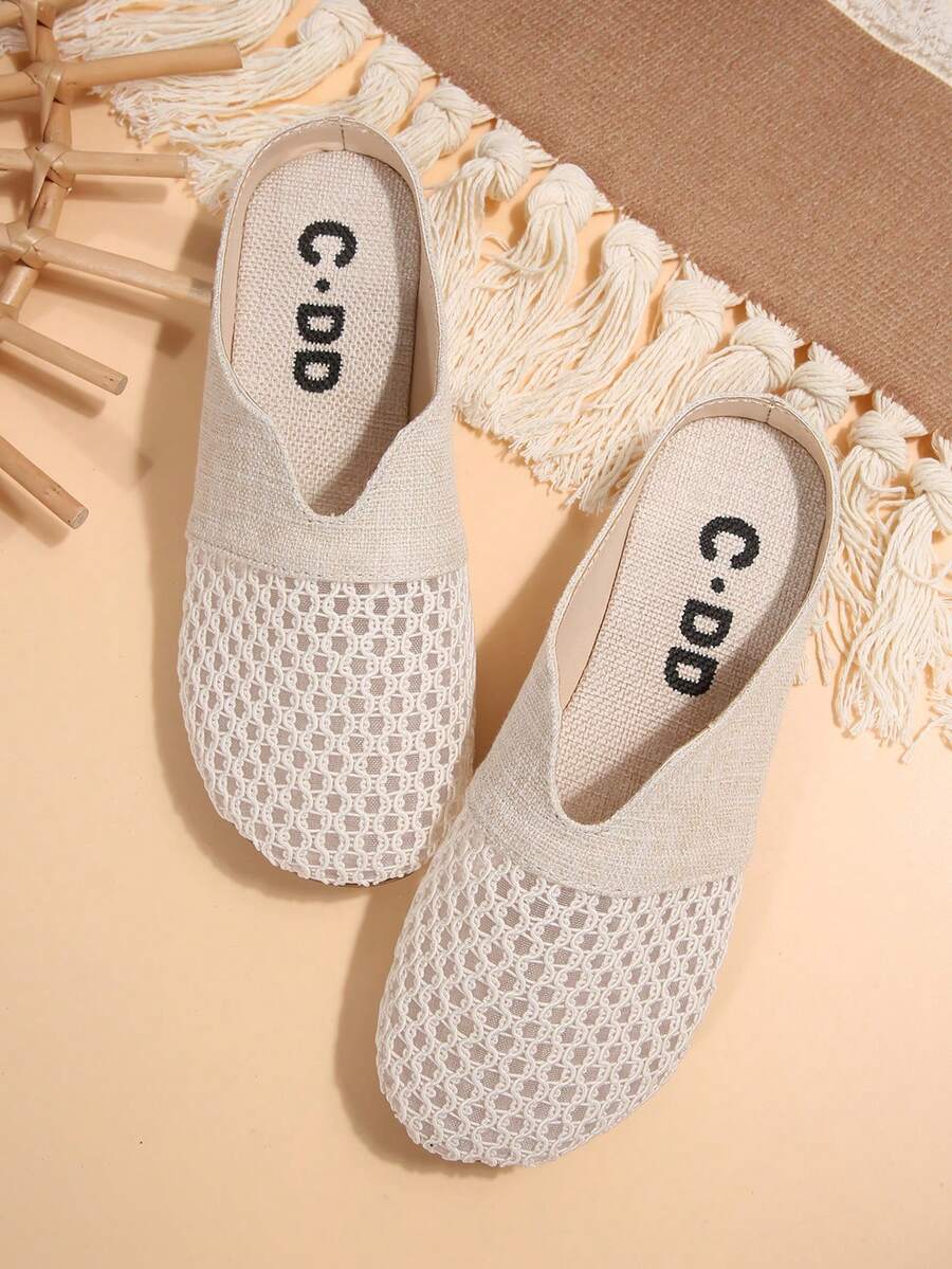 女士蕾丝镂空平底穆勒凉鞋，舒适亚麻休闲露背拖鞋，夏季 - 米色 - 查看 1