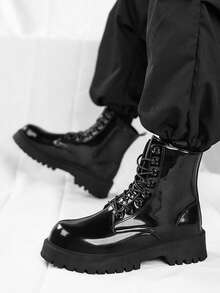 2024 新款亮面黑色高帮靴，带保暖内衬，保暖时尚休闲高端男士皮靴，秋冬款