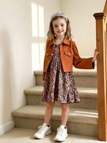 2Pcs Young Girl Casual Solid Color Long Sleeve Cropped Shirt Jacket & All-Over Print Ditsy Floral Summer Dress Set, Suitable For Spring/Summer Outdoor, Daily, Casual, Holiday, Party