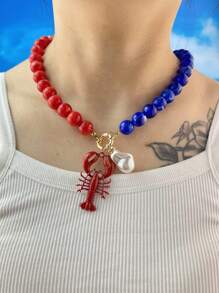 Retro Versatile Crustacean Beaded Handmade Necklace, Vintage Alloy Boho Seafood Jewelry, Fashion Unique Resort Style