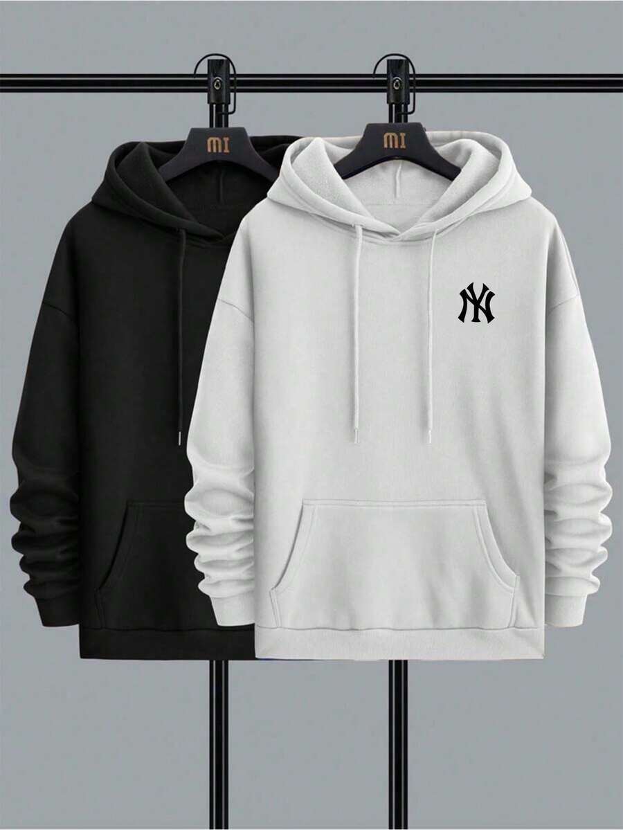 Kit 2 NY Cold Weather Blouse New York Men's Sweatshirt Hooded Sweatshirt With Pocket Kangaroo Warm Jacket - 黑與白 - 查看 1