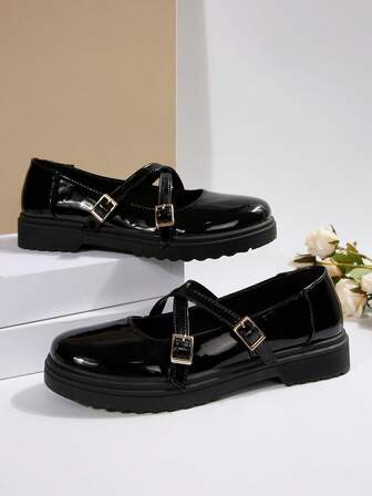 春秋季厚底一脚蹬乐福鞋，舒适粗跟青少年休闲鞋，学院风，适合女孩