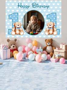 1件可定制生日照片背景布 - 棕熊和蓝色爱心设计，乙烯基摄影横幅，适用于1岁、11岁生日派对装饰、蛋糕砸脸场景和生日派对，完美的青少年礼物，是派对、拍照道具和庆祝活动的理想选择，家居装饰，无需用电，可重复使用，3种尺寸可选！ - 彩色 - 查看 6