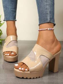 Solid Color, Chunky Heel, Fashionable Sexy High Heels - Solid Color, Sexy, Elegant, Fashionable, Forward, Business, Outdoor, Casual, Luxury Style, PU Leather, Mesh Panel, Suitable For Wedding, Party, Office, Outdoor, Home, All Seasons - Brown - View 8
