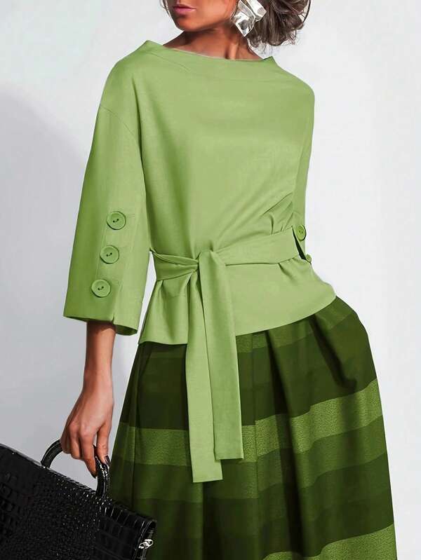 Women's Fashion Belted Buttoned Tie Up Blouse, Suitable For Summer