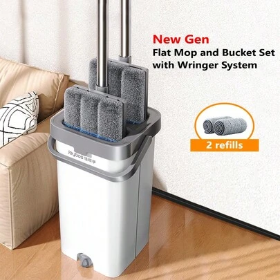 Joybos Mop And Bucket With Wringer Set For Home, 40 Cm Flat Mop And Bucket System For Floor And Wall Cleaning, Wet/Dry Mop With 2 Washable Microfiber Pads