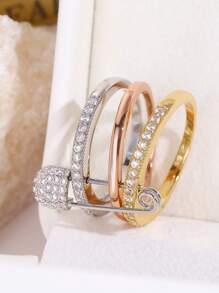 1 pezzo Anello da donna unico con design a 3 anelli e un singolo ago, decorato con zirconia cubica