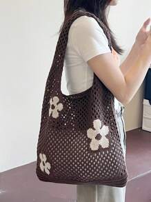 Brown Fashionable Women Knitted Bag, Hollow Floral Pattern Shoulder Bag, Suitable For Casual, Beach, Holiday, Large Capacity Woven Bag, Lightweight Summer Beach Tote, Great Gift For Women