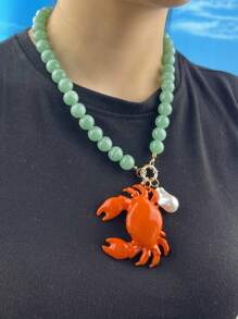 Retro Versatile Crustacean Beaded Handmade Necklace, Vintage Alloy Boho Seafood Jewelry, Fashion Unique Resort Style