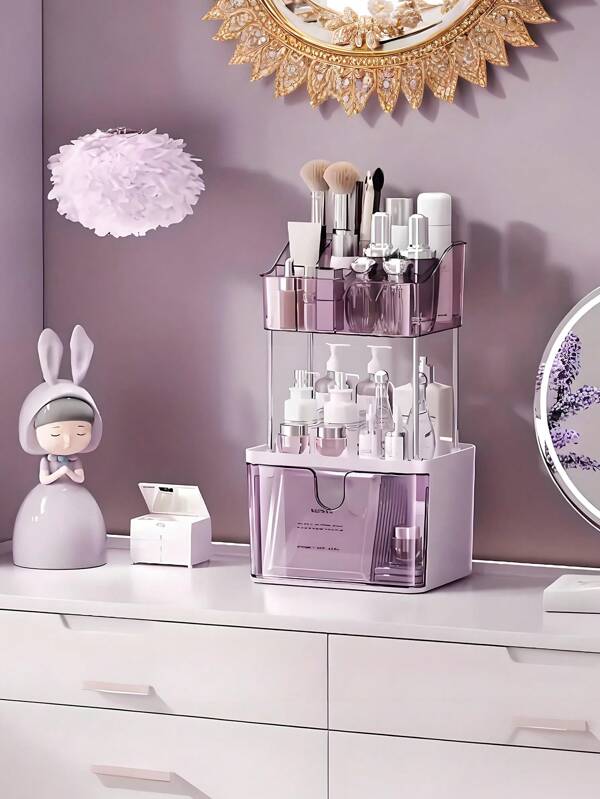Fashion Crown Style Dresser Organizer Set - Transparent Makeup And Jewelry Storage Cabinet, Easy Pull Design, Can Store Light Beige Skincare, Brushes, Eyeshadows, Lotions, Lipsticks And Nail Polish,For Holiday Beach, Bathroom Collection, Bedroom Collection, Large Capacity