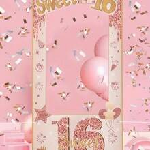 1pc Rose Gold Sweet 16 Birthday Backdrop - Photography Background With Sparkling "Sweet 16" Text, Balloons And Confetti Design, Ideal For 16th Birthday Party Decoration And Photo Prop, Birthday Decor