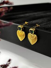 1 Pair Retro Heart-Shaped Golden Seashell Design Earrings, 925 Sterling Silver Plated 18K Gold With Green Zirconia, Cute Delicate Fashion Earrings, Elegant Quality Jewelry For Women, Suitable For Daily, Vacation, Beach, Party Wear