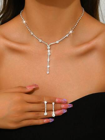 Luxurious Copper Claw Chain & Rhinestone Decor Earrings And Necklace Set, Fashionable For Women's Evening Gown, Wedding, Party