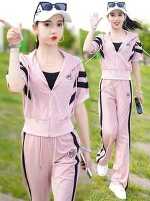 Chic Korean Fashion Casual Suit For Women New Summer Relaxed Age Reduction Sportswear Hooded Wide Leg Pants 2 Piece Set - 粉色 - 查看 1