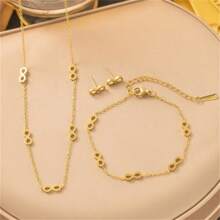 1 Set Of Gold-Plated Stainless Steel 8-Letter Smooth Surface Earrings Chain Necklace Bracelet Jewelry Set