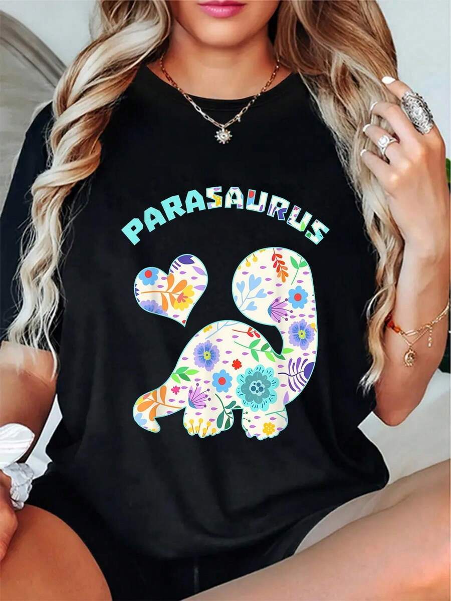 Camiseta de algodón negro de 180 g con cuello redondo y manga corta con estampado gráfico de Parasaurus floral para mujer, camiseta informal suave de dinosaurio para mujer, camiseta divertida de moda de verano, ajuste cómodo y relajado, diseño novedoso de moda, regalo para ella - Negro - Ver 1