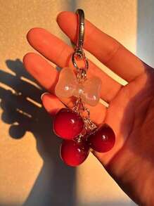 1pc Red Cherry & Pink Bow Simulated Fruit Keychain, Accessory For Women's Wallet, Outfit, Gift, ABS Plastic Material