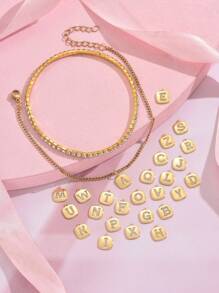 2 Pcs/Set 18K Gold Plated Square Zirconia 26 Letter Charm Anklet Set, Elegant & Fashion Jewelry Gift For Family & Friends, Suitable For Summer Beach Trip