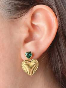 1 Pair Retro Heart-Shaped Golden Seashell Design Earrings, 925 Sterling Silver Plated 18K Gold With Green Zirconia, Cute Delicate Fashion Earrings, Elegant Quality Jewelry For Women, Suitable For Daily, Vacation, Beach, Party Wear