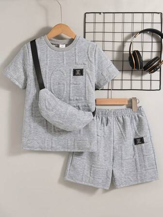 2pcs Kids Boys Daily Casual Outing Solid Color Printing Design Regular Fit Crew Neck Short Sleeve T-Shirt And Shorts Set With Pouch, Summer