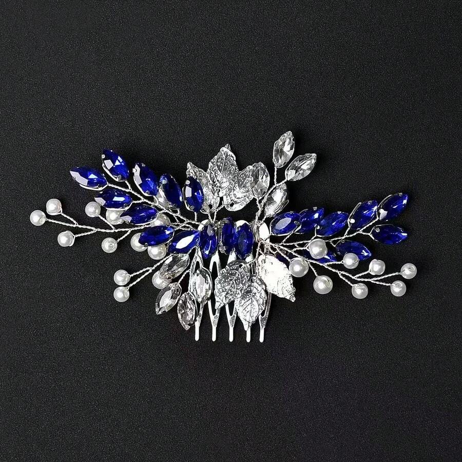 Cross-Border Headwear Horse Eye Rhinestone Hand-Inserted Comb High-End Elegant Valentine's Day Accessories,Wedding Hair Accessories - Royal Blue - View 1