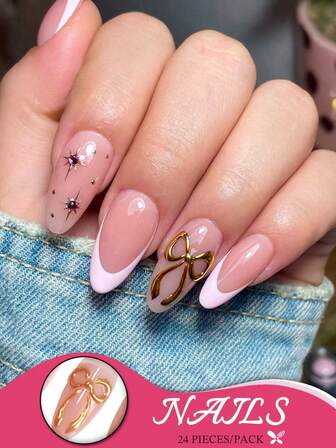 24 件中号杏仁按压指甲，裸粉色法式尖头设计，配有 3D 金色蝴蝶结和水钻指甲饰物，超光泽饰面假指甲，包含指甲胶和指甲锉，非常适合日常佩戴和约会造型