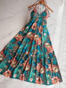 Long Dresses With 3D Print, Multicolored, New Model With Back Tie, Bare Back - Mint Green - View 3
